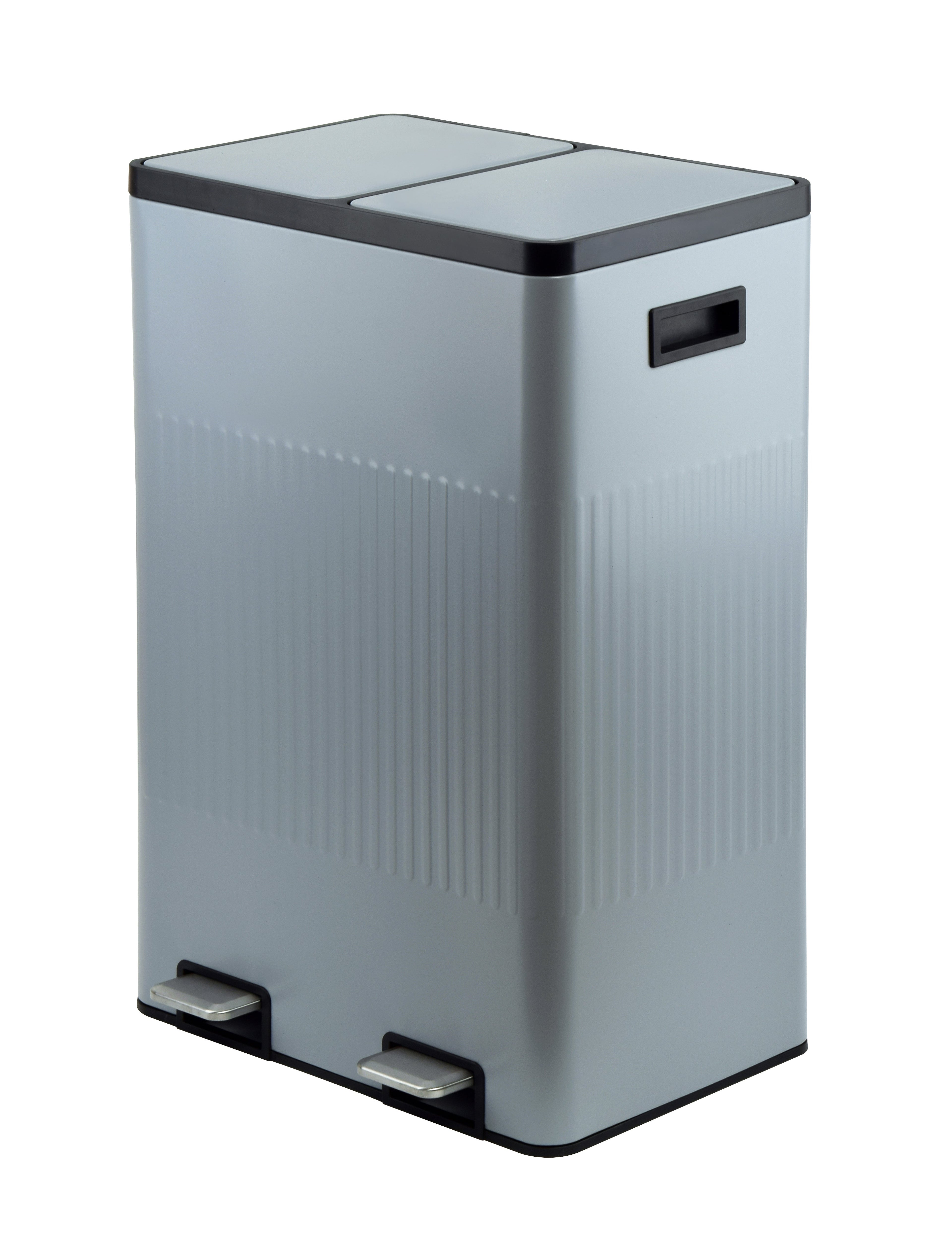 60L (30LX2) Powder coating 2 compartments garbage and recycling bins with elegant linear embossment, soft-close lids and soft pedal.