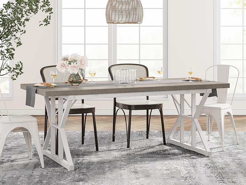 71" Farmhouse Dining Table for 6, Rustic Rectangular Kitchen Table with X-Trestle Metal Legs, Wood Top Dinner Table for Dining Room, Grey & White