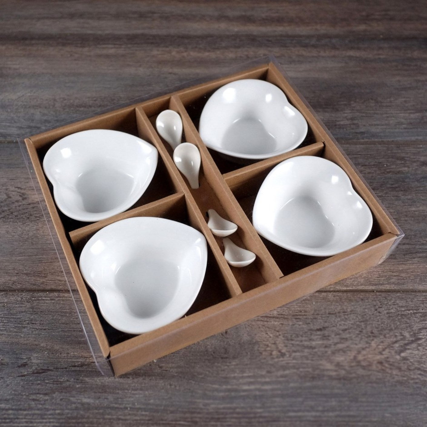 Porcelain Heart Shaped Bowl with Spoon Set of 4