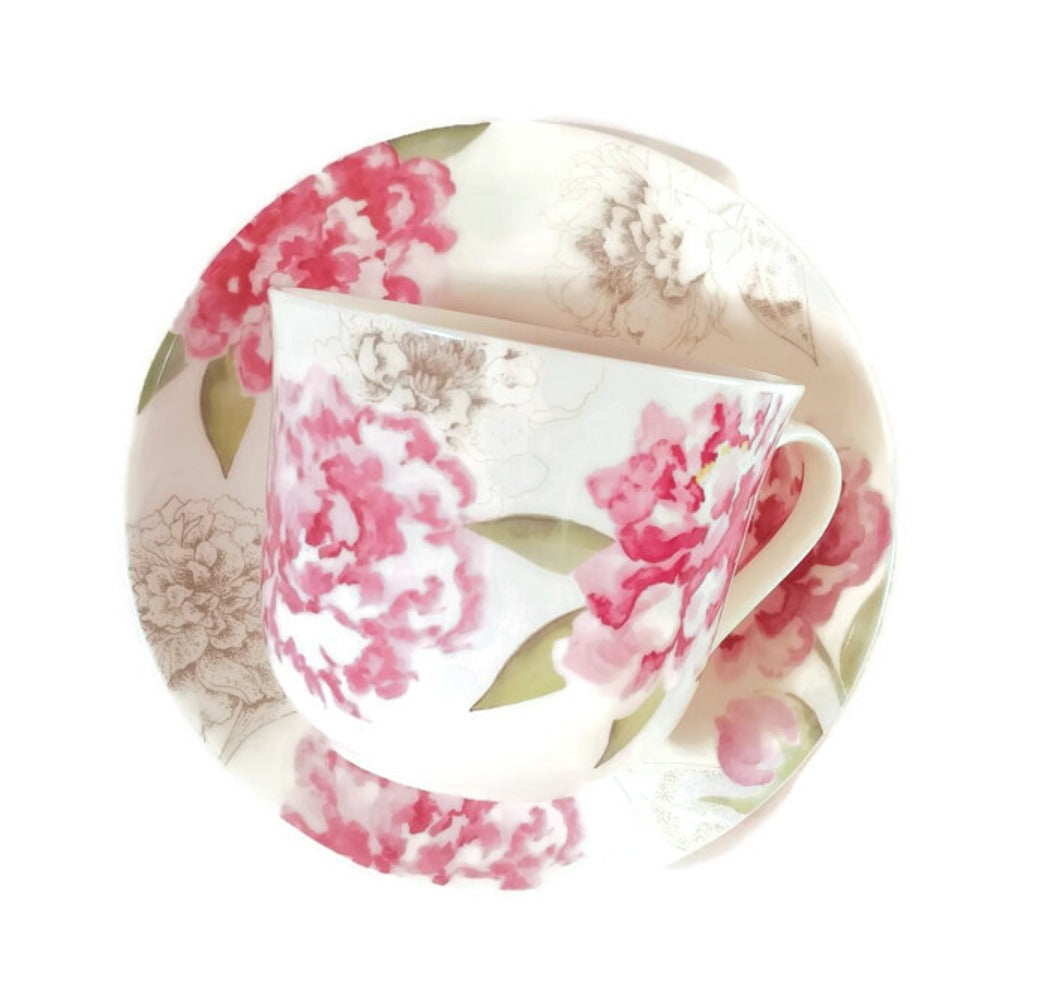 Roy Kirkham Breakfast Cup/Saucer - Peony Set of 2, Bone China Ceramic Made in England