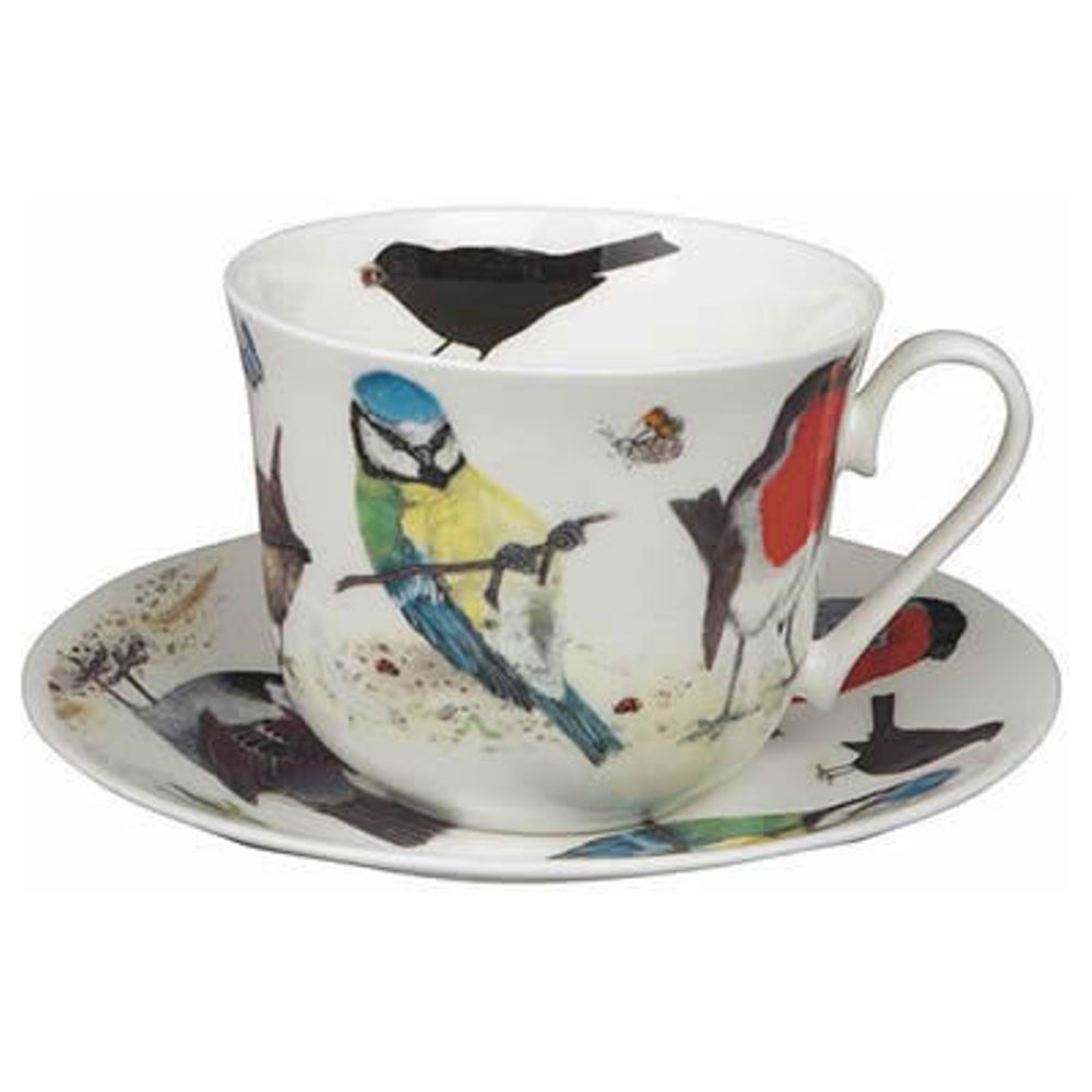 Roy Kirkham Garden Birds Set of 2 Fine Bone China Large Breakfast Cup and Saucers  Ceramic Made in England