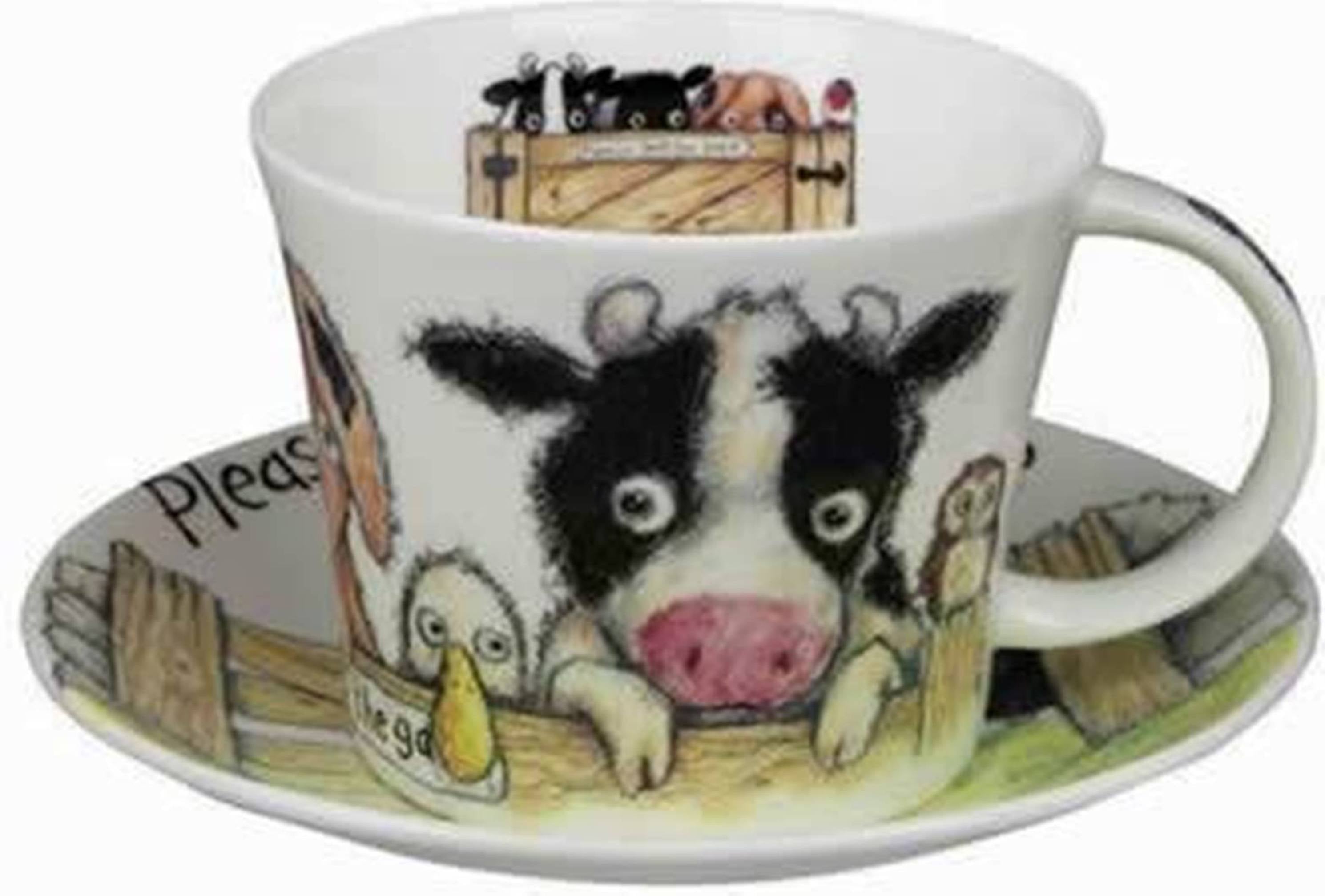 Roy Kirkham Breakfast Cup/Saucer-Please Shut The Gate Set of 2, Bone China Ceramic Made in England