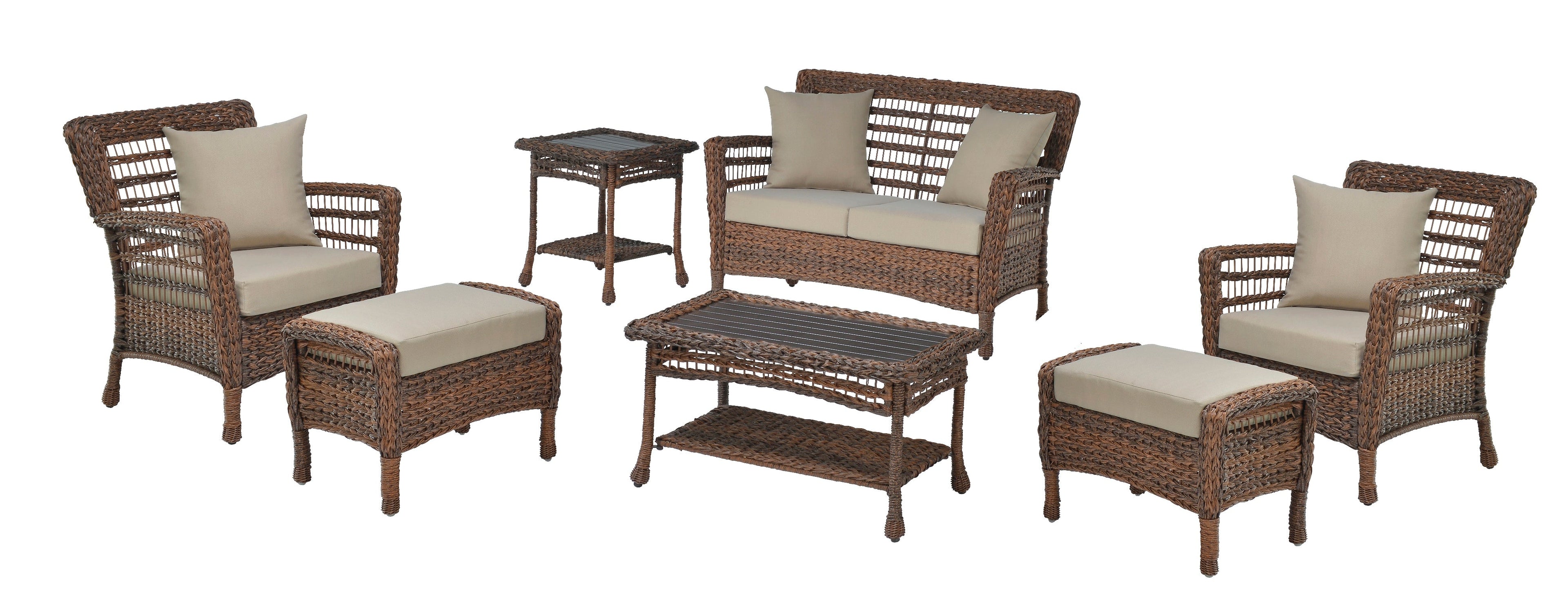 Faux Sea Grass Resin Rattan Patio set - 1 Loveseat, 2 Armchairs, 1 Coffee Table, 1 End Table and 2 Ottoman