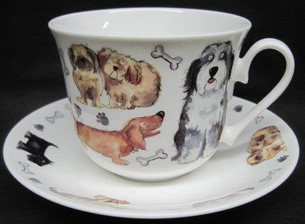 Roy Kirkham Breakfast Cup/Saucer - Dog Tales Set of 2, Bone China Ceramic Made in England
